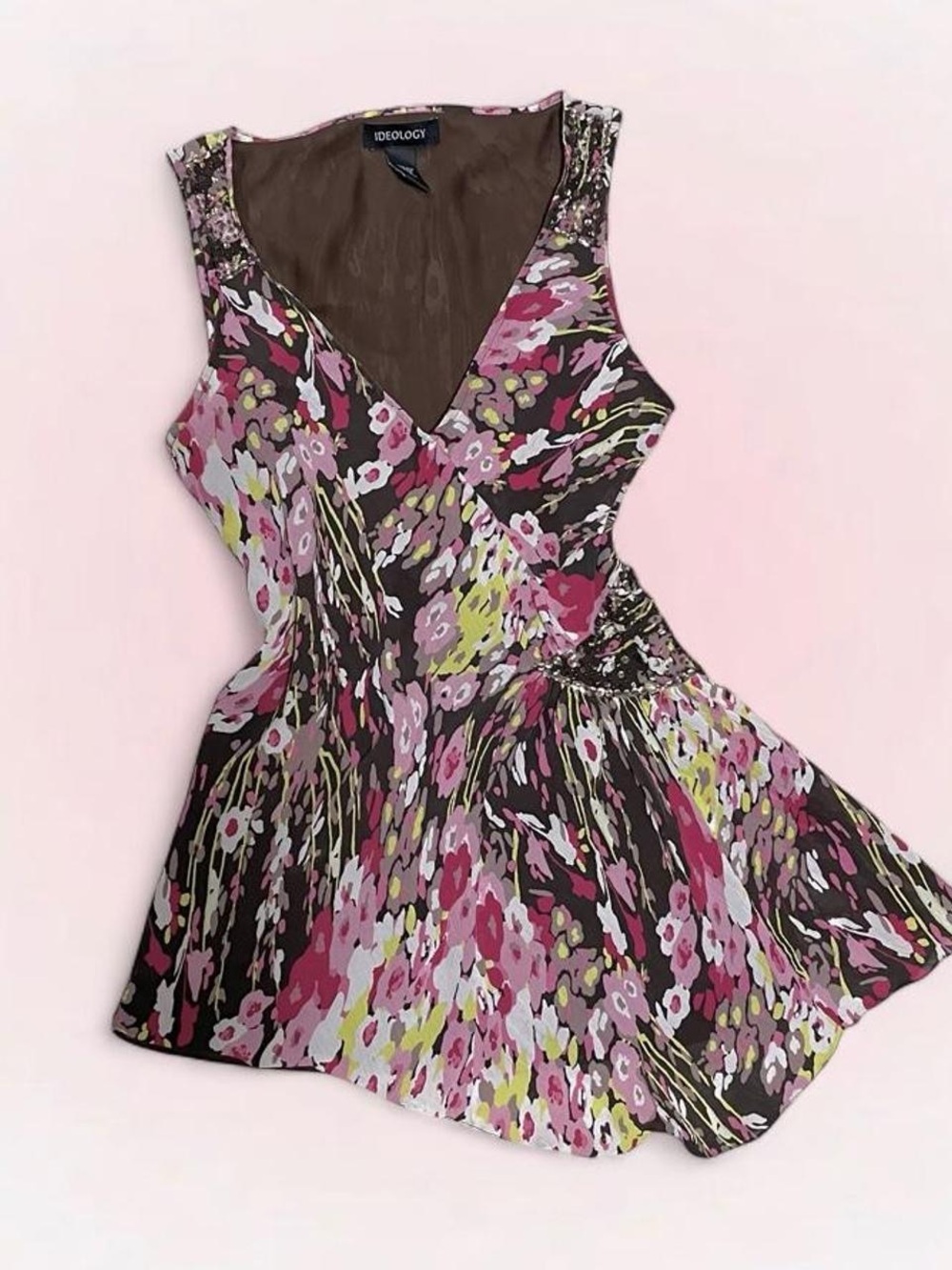 Ideology Silk Floral V-Neck Sleeveless Top in Pink, Brown and Green